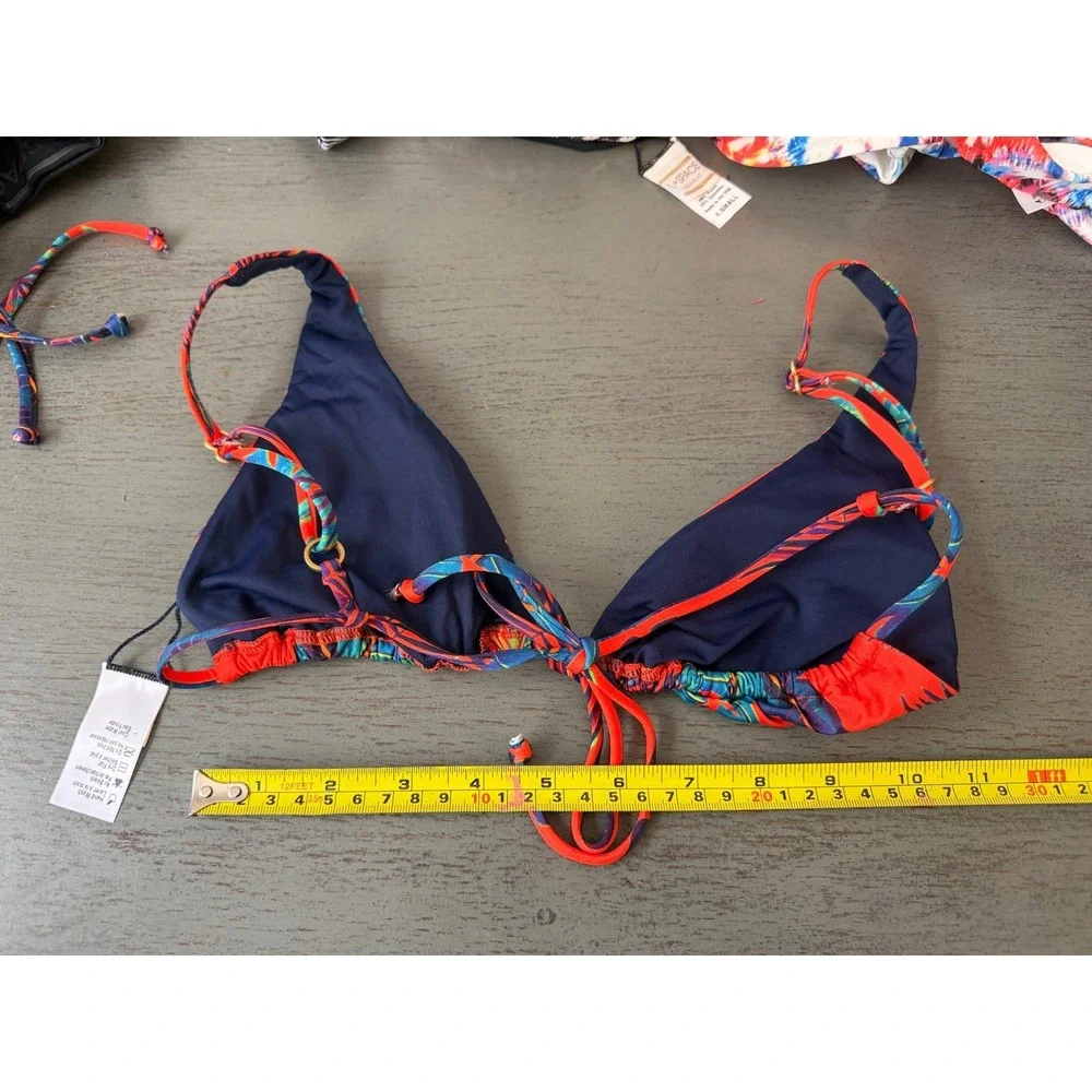 L Space Tropical Palm Print Triangle Bikini Top Orange Teal Navy XS RN 130061
